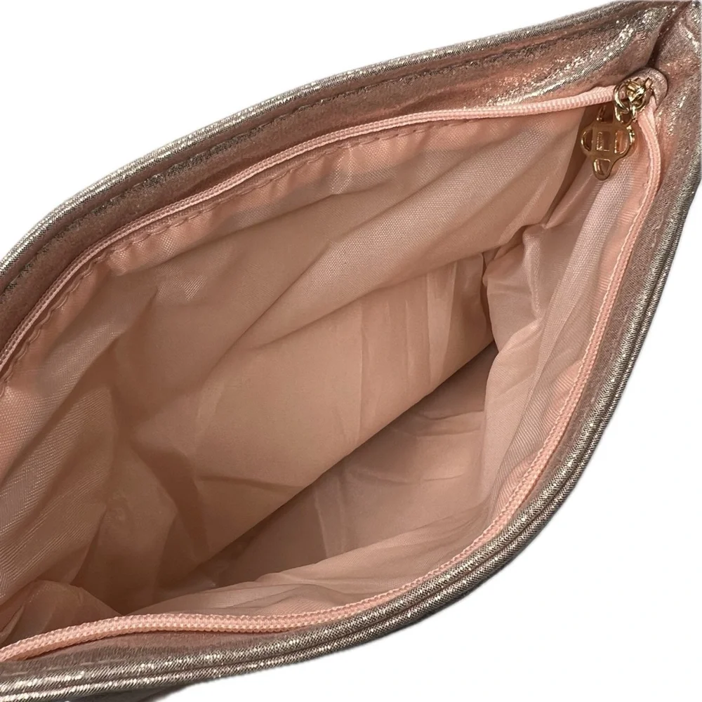 Oscar de la Renta Clutch Foldover Zipper Cocktail Purse Luxe Metallic Rose Gold